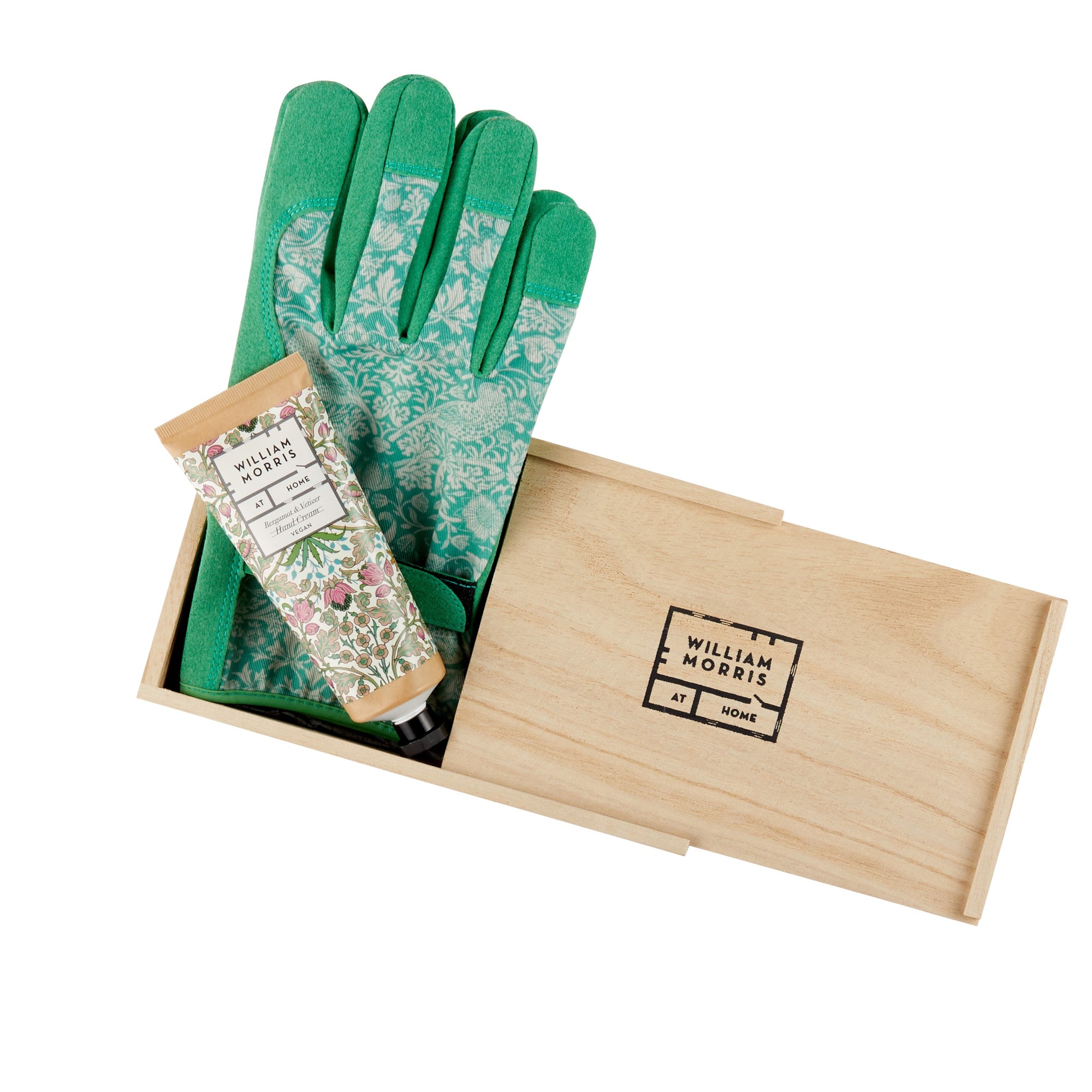 William Morris At Home Gardening Gloves Set containing Gardening Gloves &amp; 100ml Hand Cream Top Down View